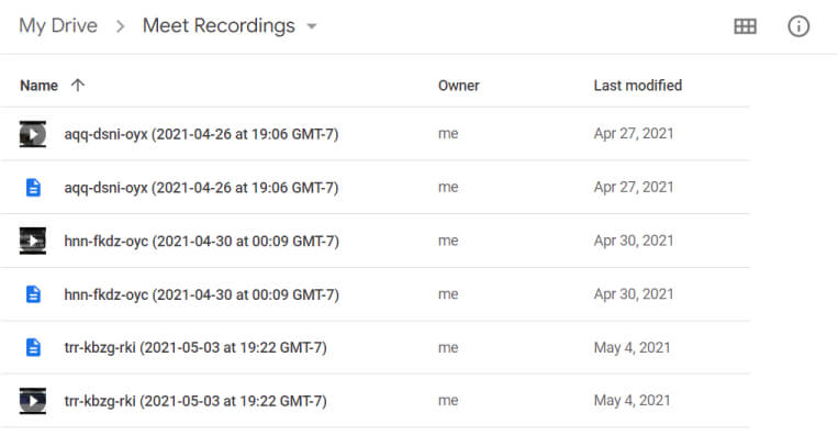 contoh hasil rekaman google meet yang tersimpan di folder meet recording di Google Drive