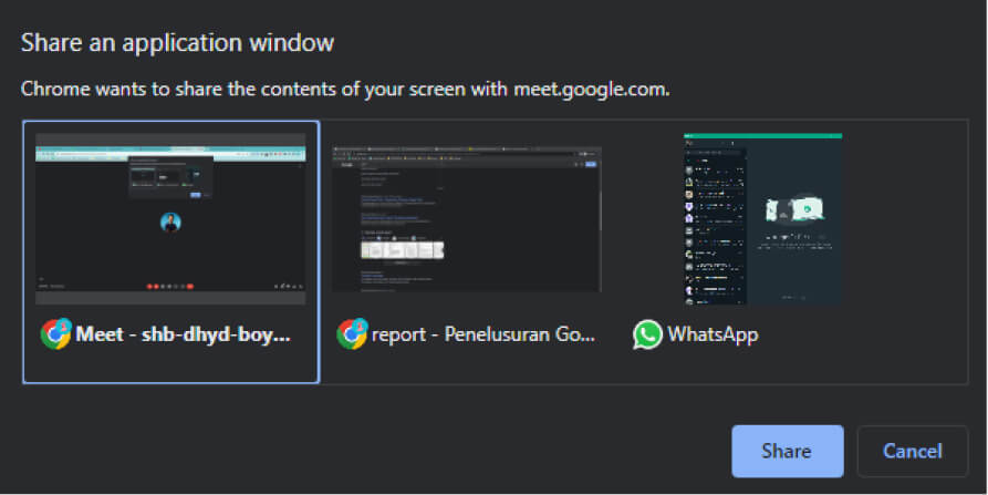 langkah 2 - share screen di google meet via laptop