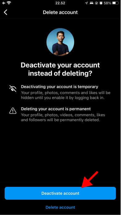 pilih tombol deactivate account