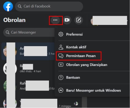 pesan di Messenger Facebook masuk ke permintaan karena belum berteman
