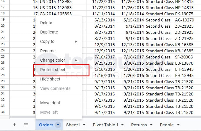 memilih menu protect sheet pada salah satu sheet di dalam spreadsheet - gambar ini bagian dari artikel cara mengunci sheet di spreadsheet yang dipublikasikan pertama kali di techbud