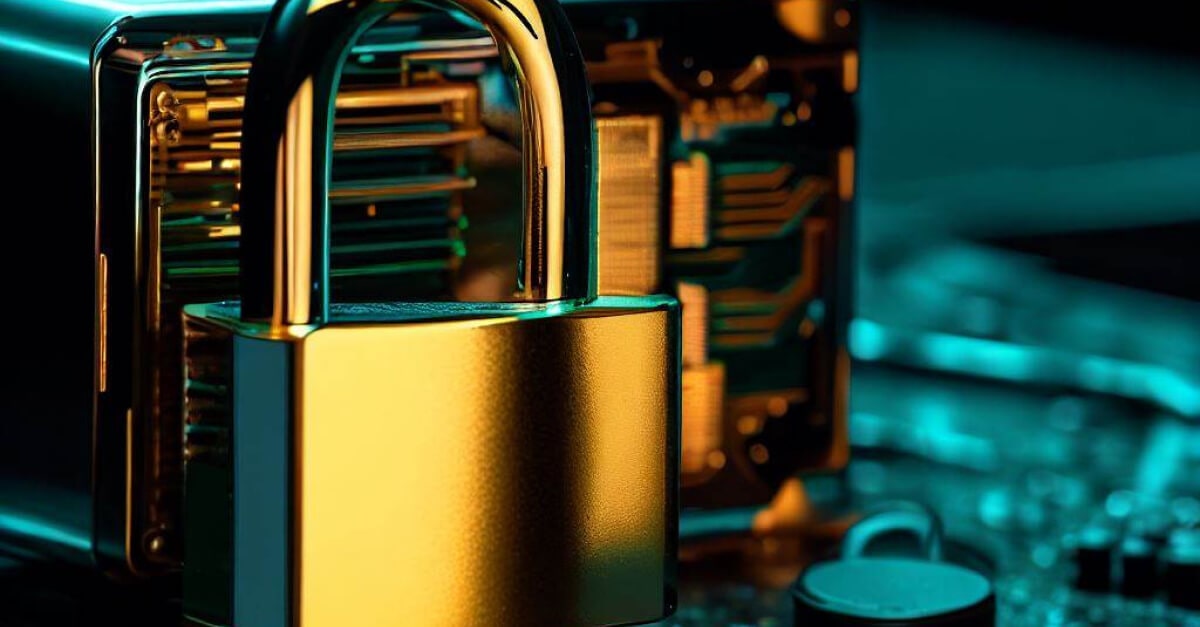 Sebuah komputer yang dilindungi dengan gembok Farewell emas agar data yang di dalamnya tidak tercuri