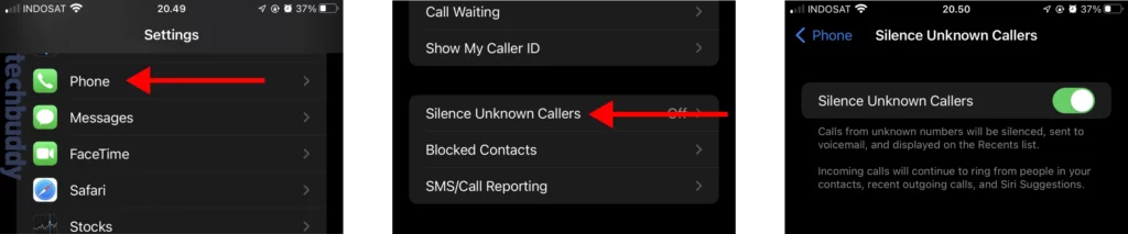 Tolak otomatis semua kontak tidak tersimpan ke voicemail